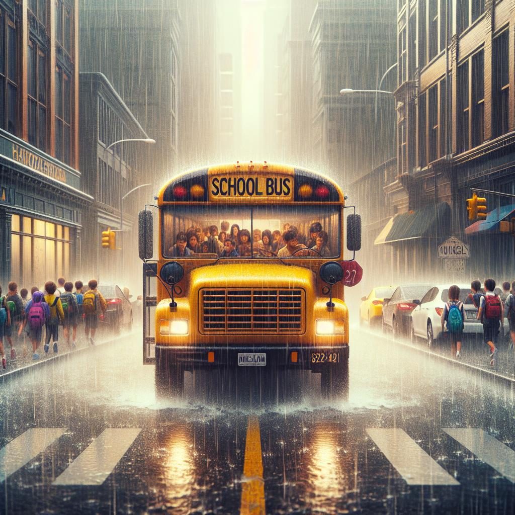 School bus in rain.