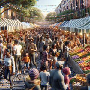 "Farmers market festive crowd"