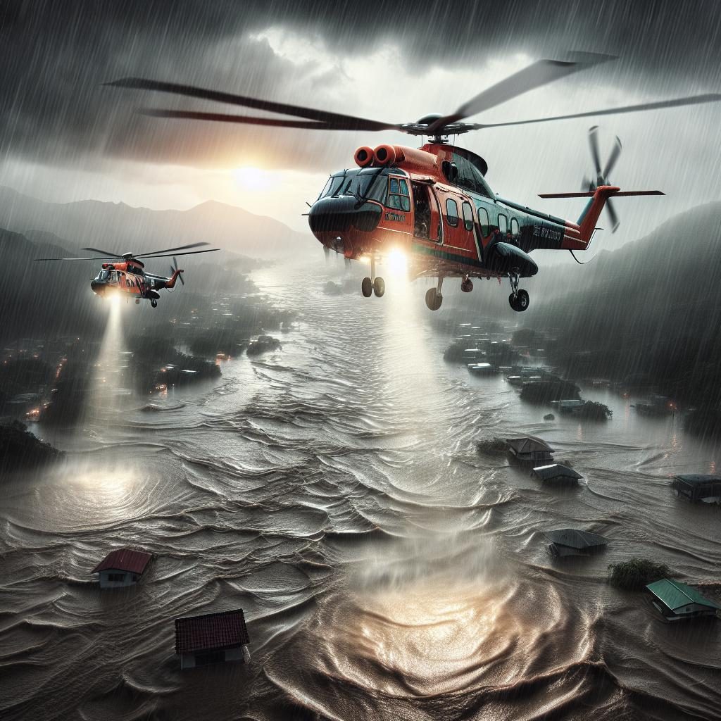 Rescue helicopters in flood