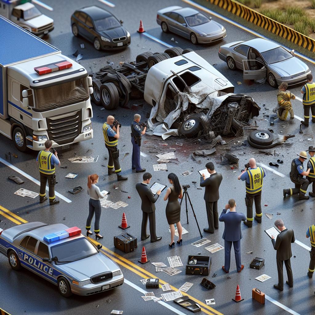 Truck crash aftermath investigation.