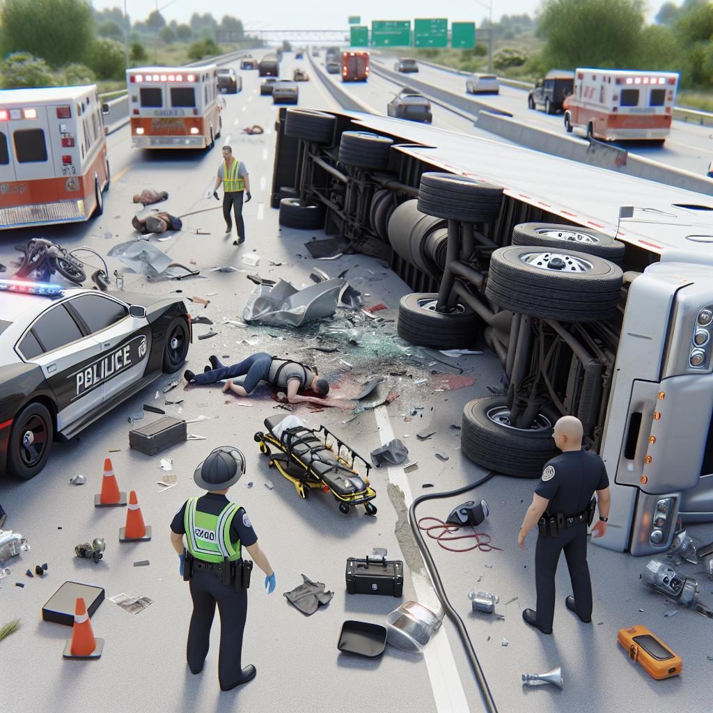 Semi-truck crash aftermath scene