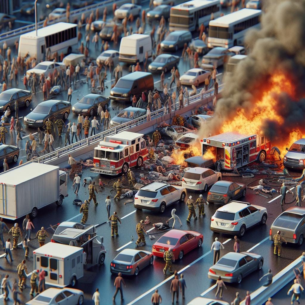 Burning vehicle traffic jam