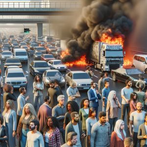 Burning truck traffic backup