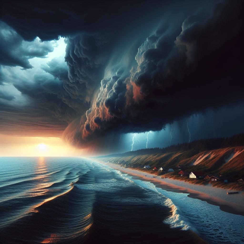 Dramatic storm approaching coastline.