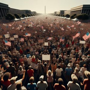 Patriotic rally crowd background.