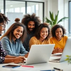 Diverse marketing team collaborating in an office environment