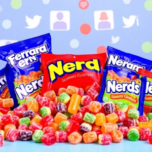 Colorful Ferrara candies showcasing Nerds Gummy Clusters with digital marketing graphics.