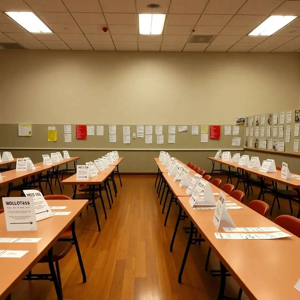 Empty polling station with uncast ballots and flyers.