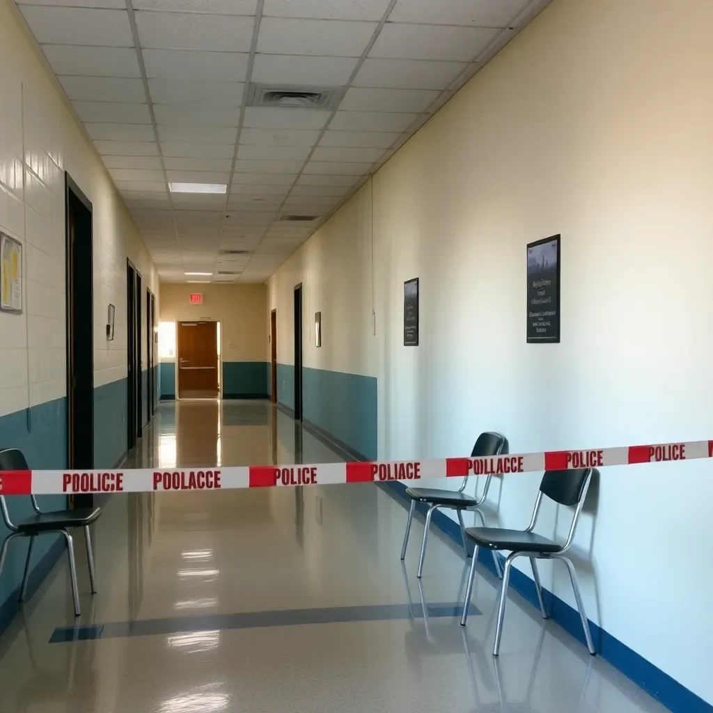 School hallway with police tape and empty chairs.