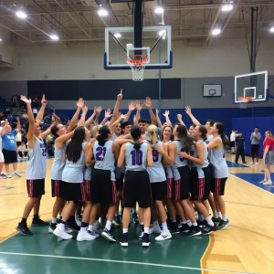 Basketball court celebration with team spirit and camaraderie.