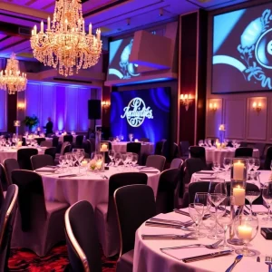 Elegant gala setup with awards and celebration theme.