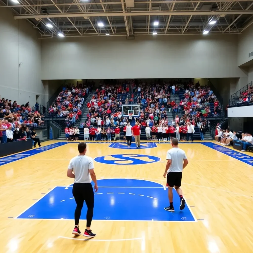 Basketball court with vibrant team colors and cheering fans.