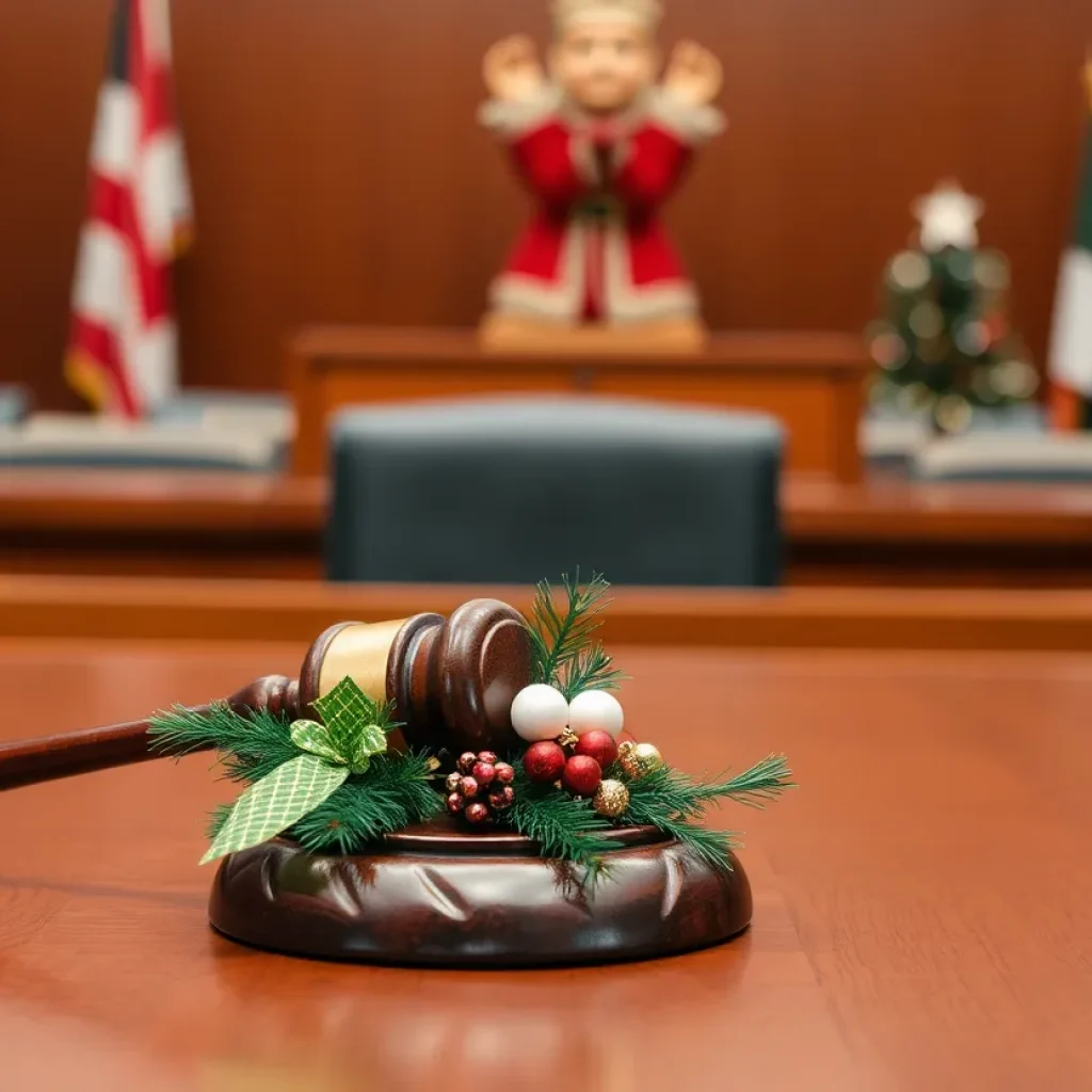 Gavel with holiday decorations on a courtroom table.