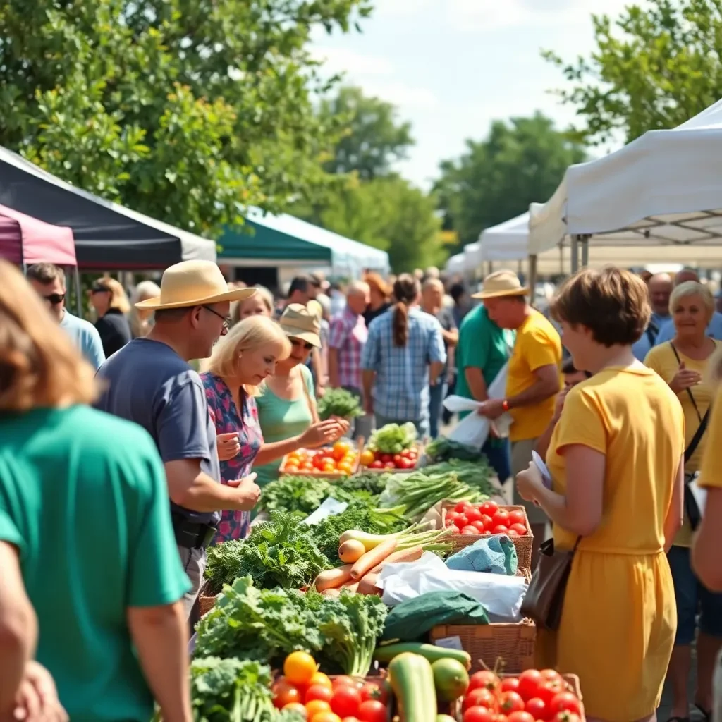 Vibrant community gathering at a farmers' market.