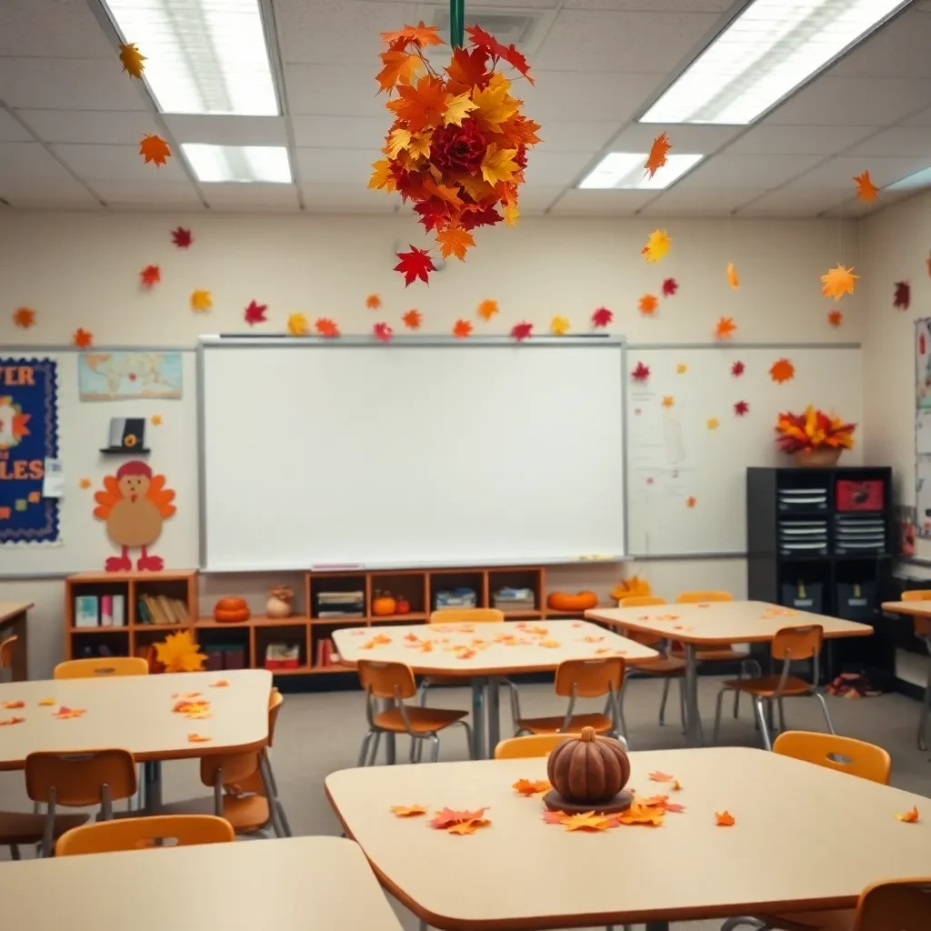 Autumn classroom with leaves and Thanksgiving decorations.