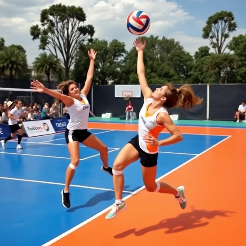 Dynamic volleyball action on a vibrant court setting.