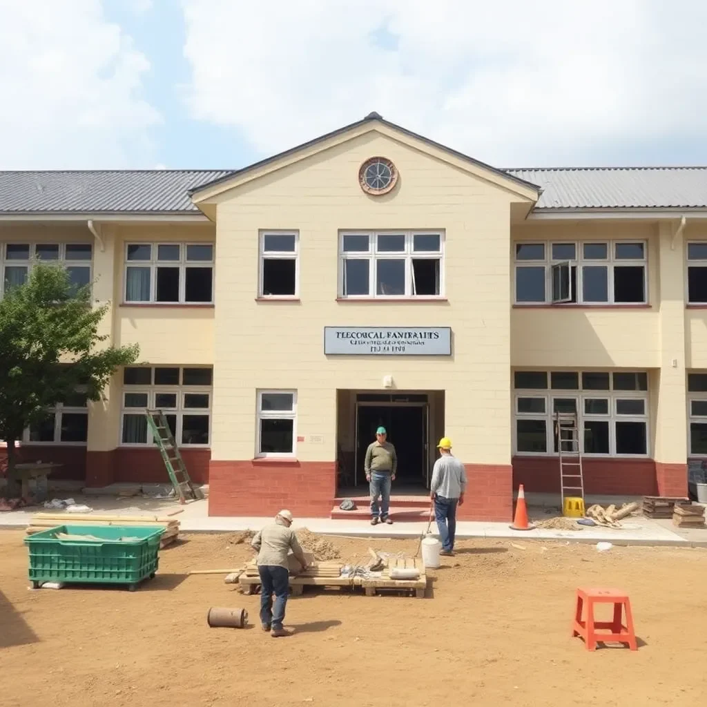 School building with construction workers and tools on site.