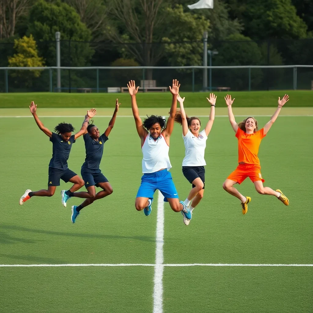 Dynamic group of athletes jumping in unison on field