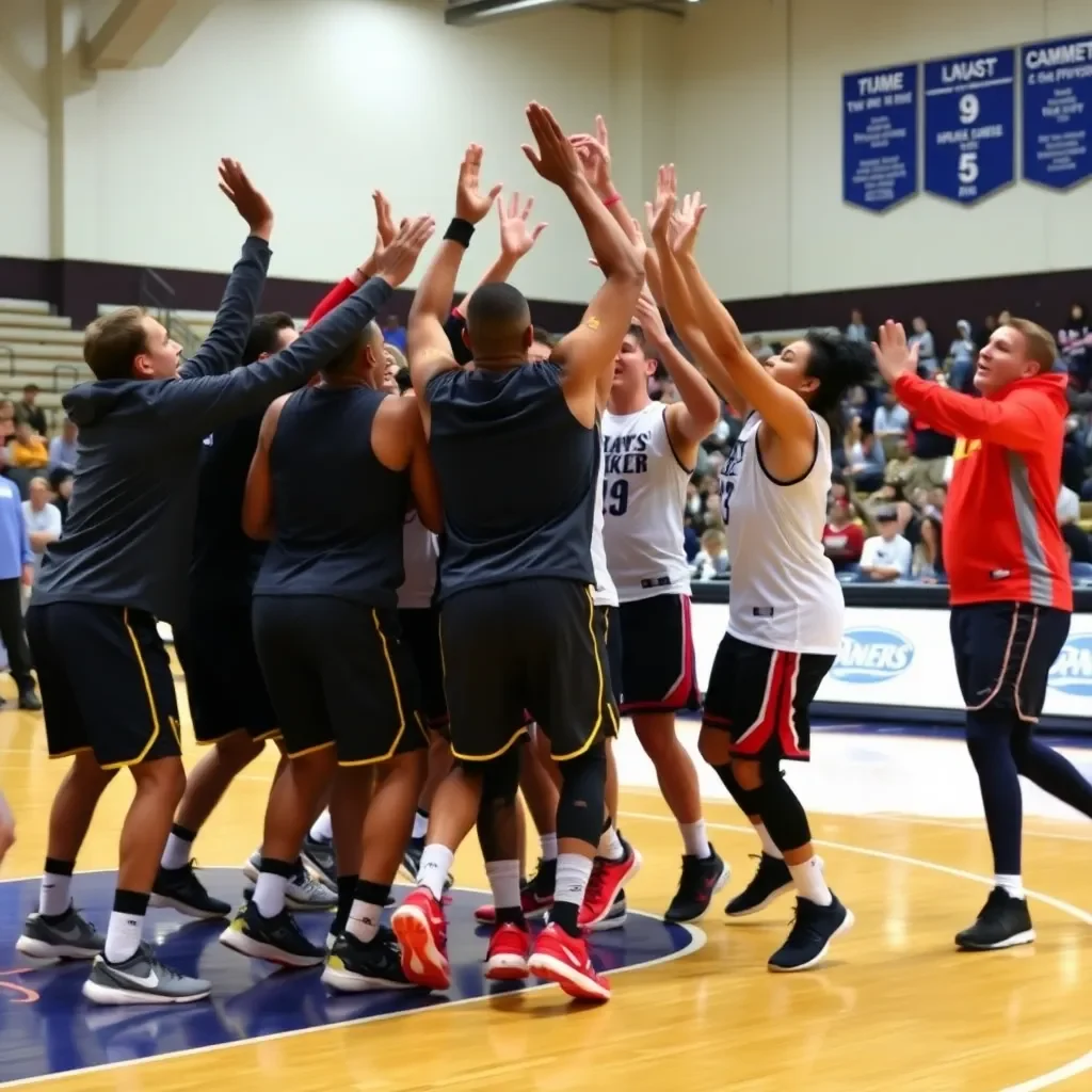 Dynamic team celebration on a basketball court.