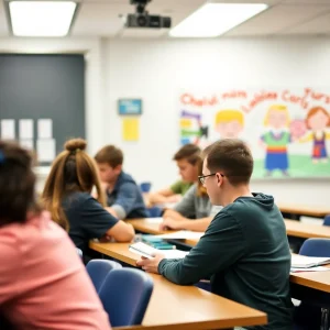 Classroom setting with students focused on learning materials.