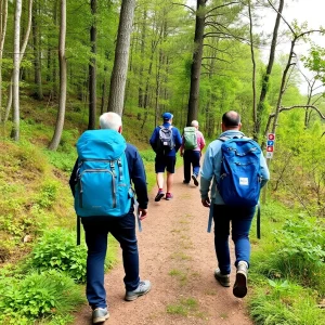 Scenic trail with backpacks and colorful waymarkers.