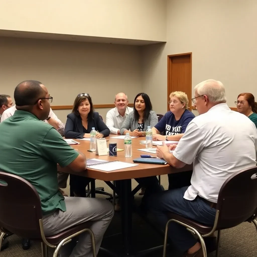 Community meeting with diverse group discussing education initiatives.