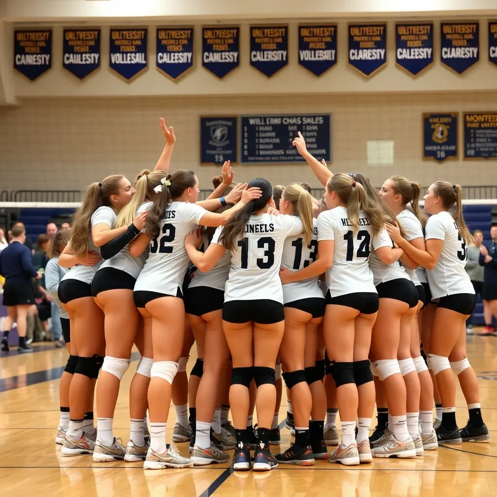 Celebratory volleyball team huddle with university banners.