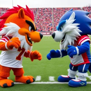 Rival college mascots facing off on a football field.