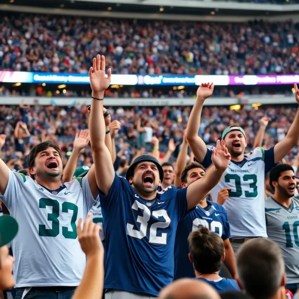 Exciting stadium crowd celebrating college football rankings.