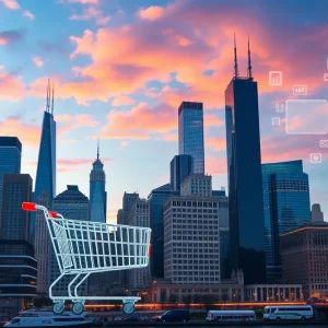 Chicago skyline with e-commerce marketing elements