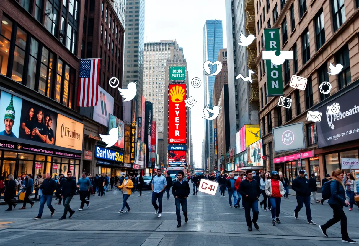 Vibrant illustration of social media marketing trends in New York.