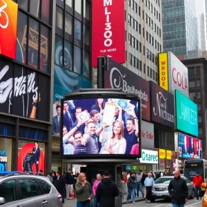 TV advertising displayed in bustling New York City promoting first-time brands.