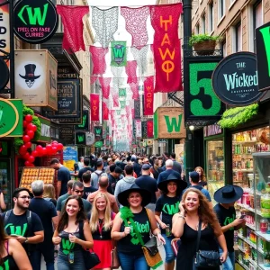 Crowd in San Francisco enjoying Wicked-themed marketing displays