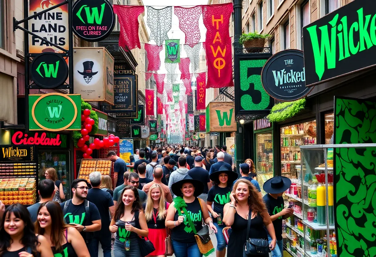 Crowd in San Francisco enjoying Wicked-themed marketing displays