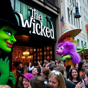 Crowd enjoying Wicked musical marketing decorations in New York