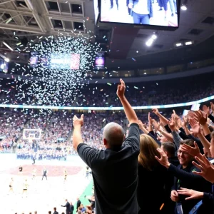 Celebration in a sports arena with confetti and cheers.