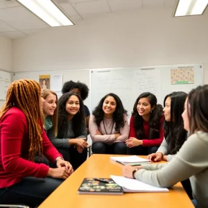 Diverse group of school counselors collaborating in a classroom setting.