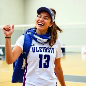 Volleyball athlete celebrating with university gear and court background.