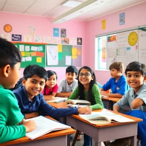 Colorful classroom with diverse students engaged in learning.