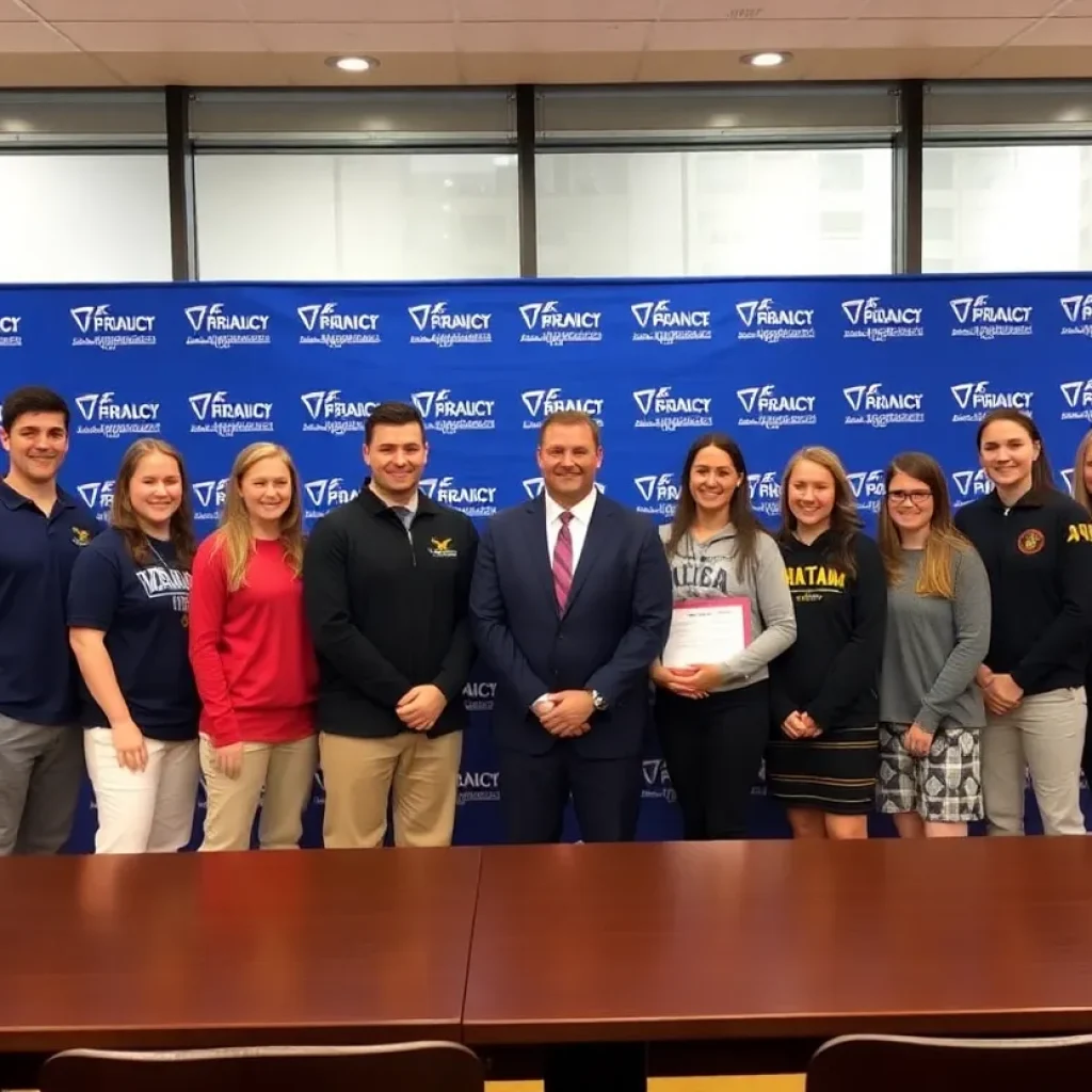 University athletics team celebrating new leadership announcement.