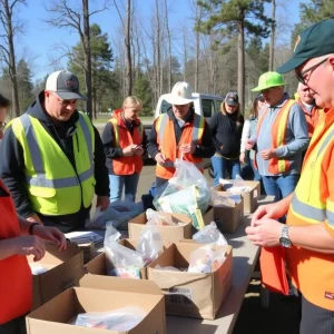 Community volunteers preparing wildfire safety kits outdoors.