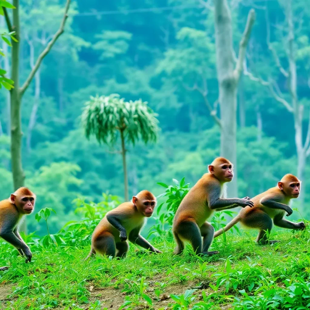 Playful monkeys exploring a lush green forest.