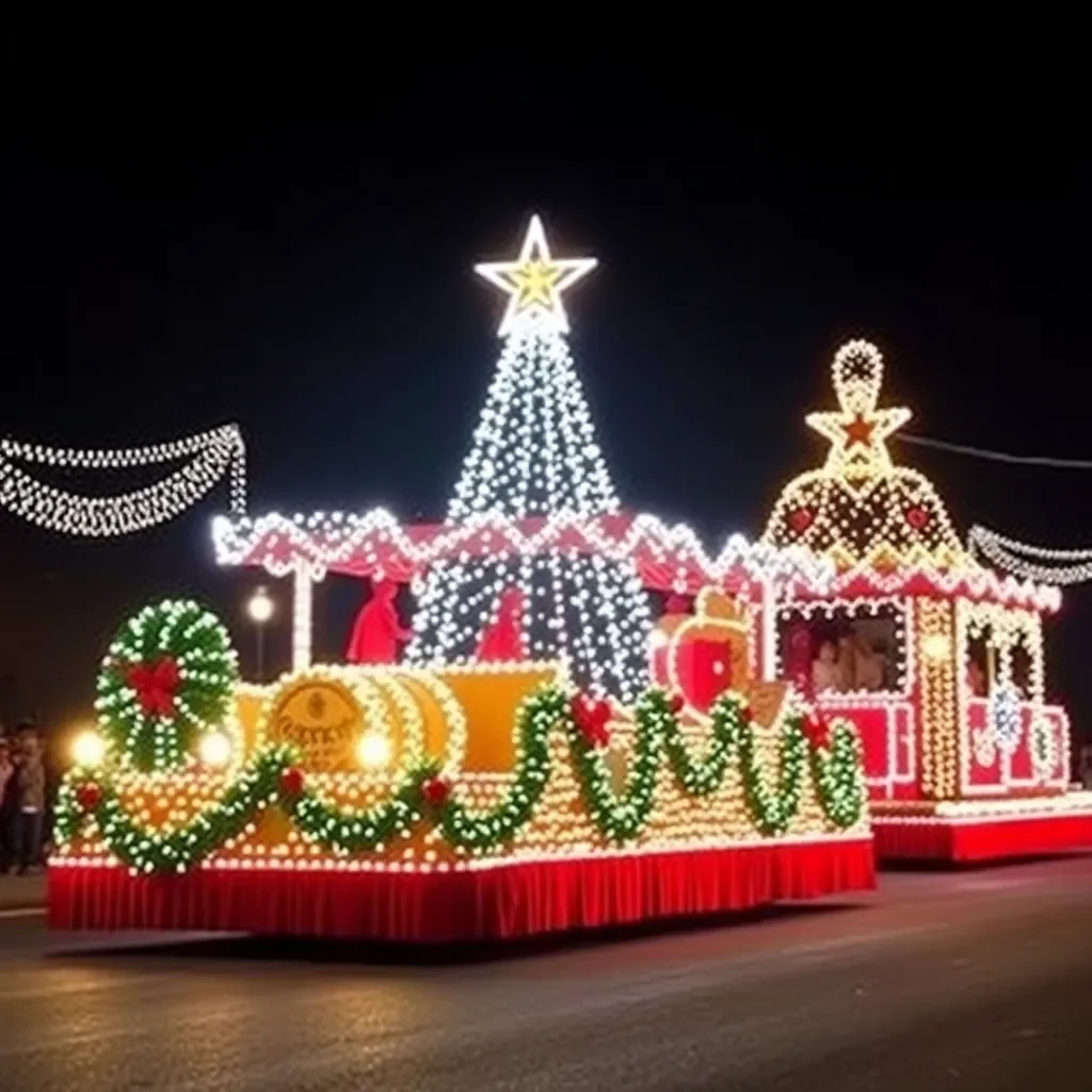 Festive parade floats adorned with twinkling holiday lights.