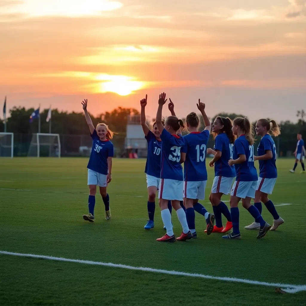 Youth soccer players celebrating on the field at sunset.