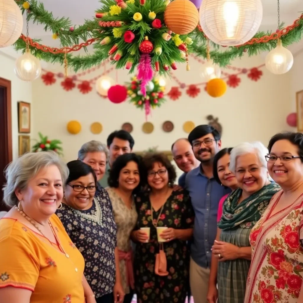 Festive decor with diverse community members celebrating together.