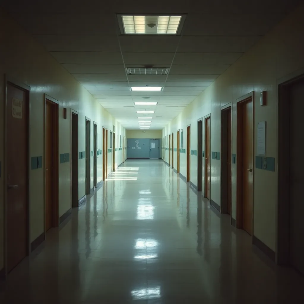 Empty school hallway with closed classroom doors and dim lighting.