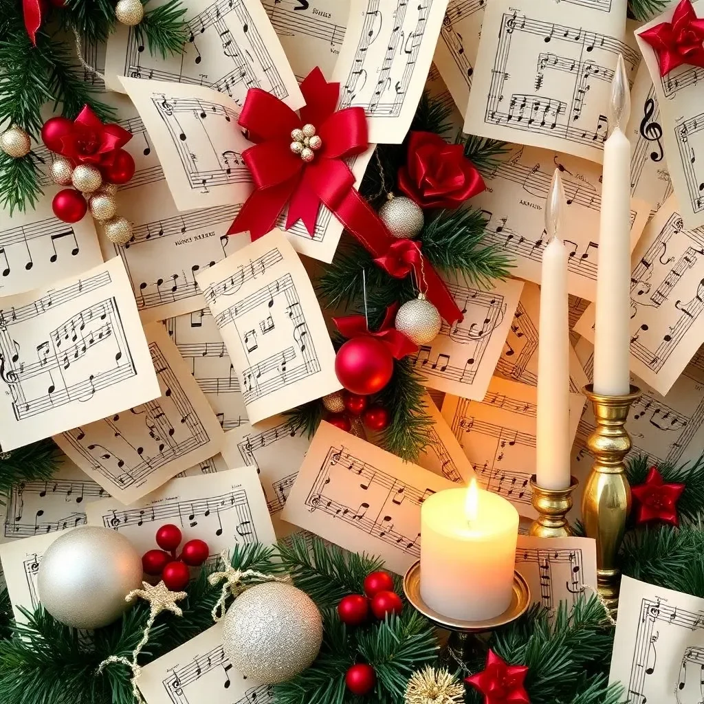 Musical notes intertwined with Christmas-themed decorations and candlesticks.