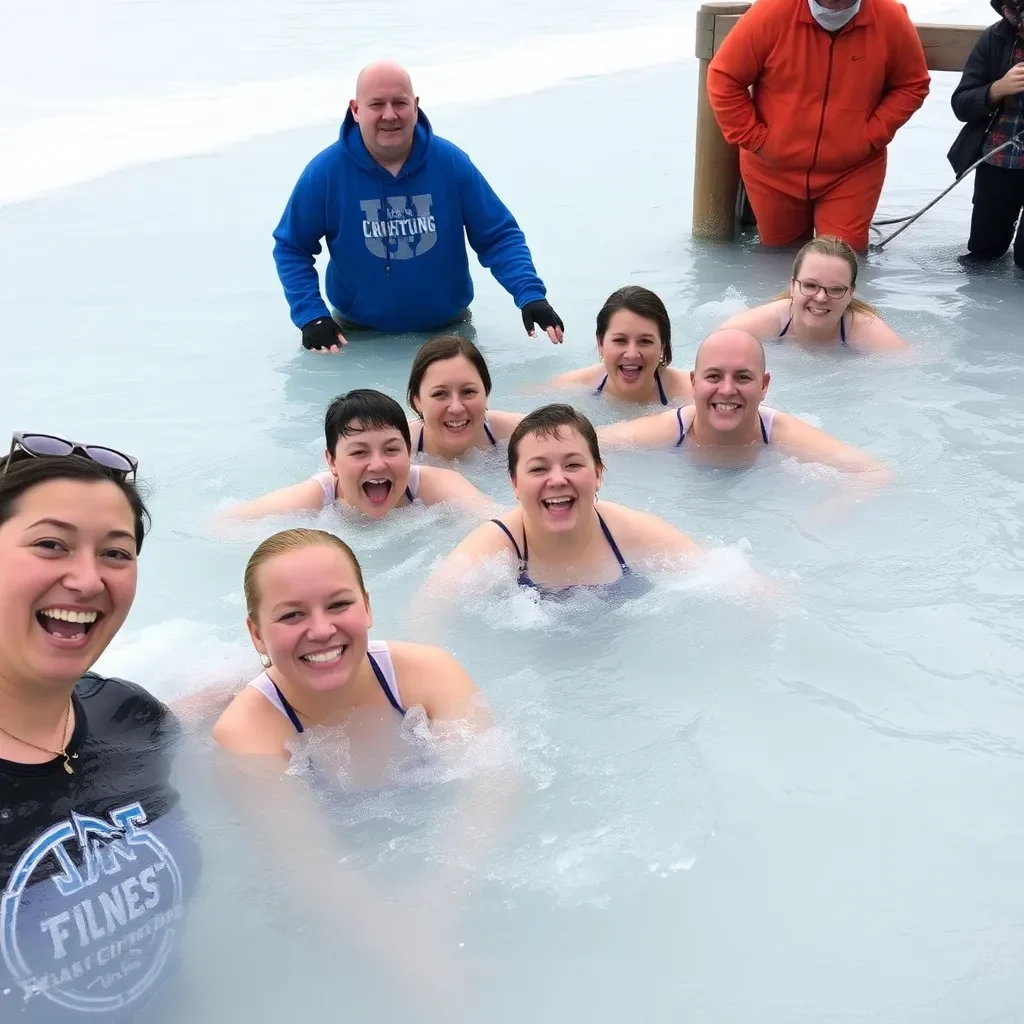 Joyful group plunging into icy water for charity event.