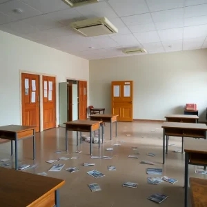 Empty school classrooms with closed doors and scattered books.