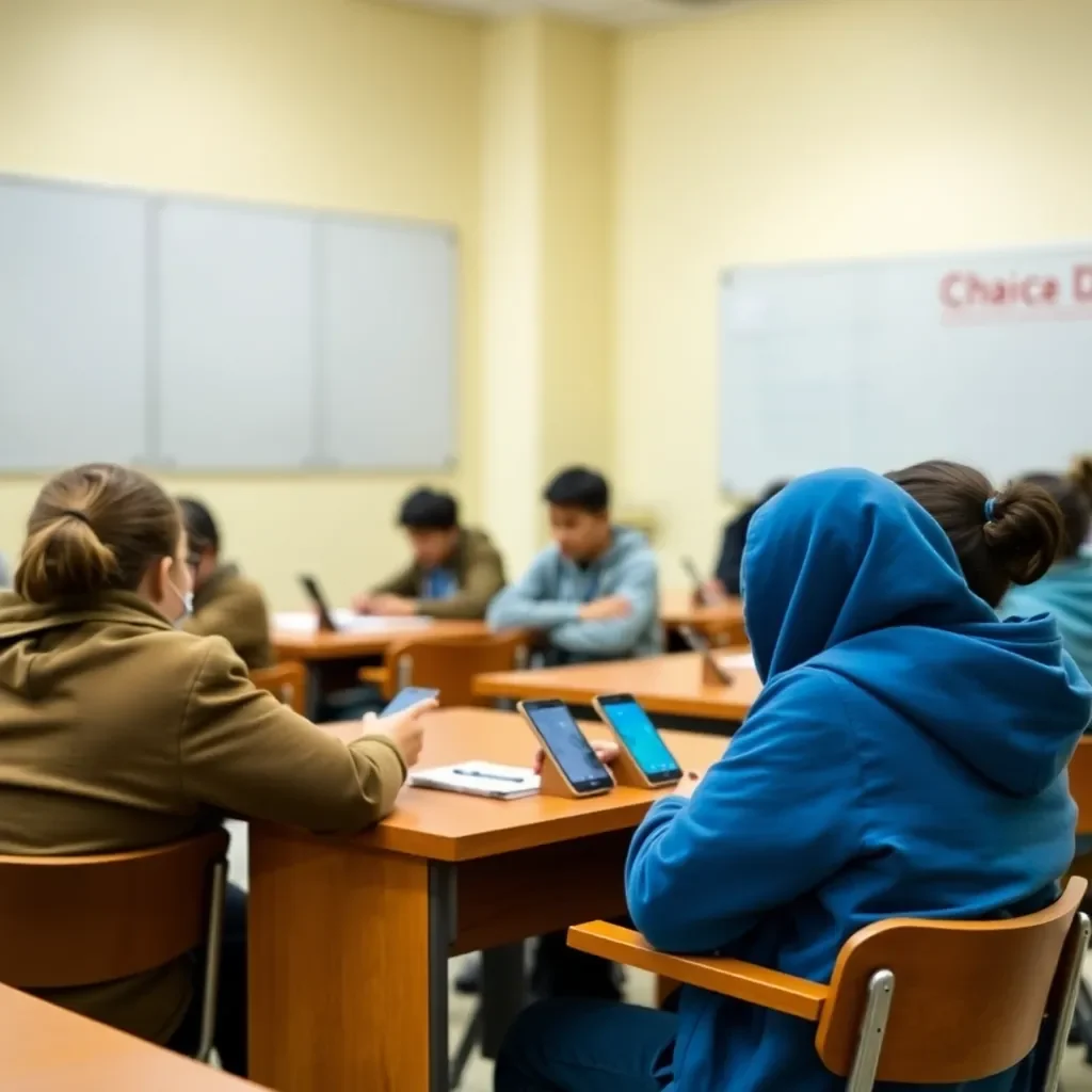 Classroom with students focused on lessons, phones stored away.